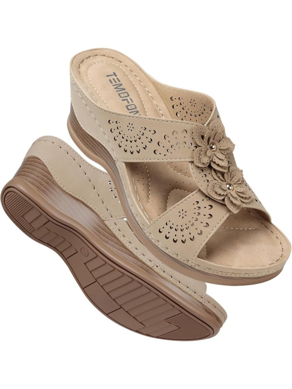 Women's Khaki Wedge Sandals Leather Comfortable Walking Fit Wide Foot Shoes